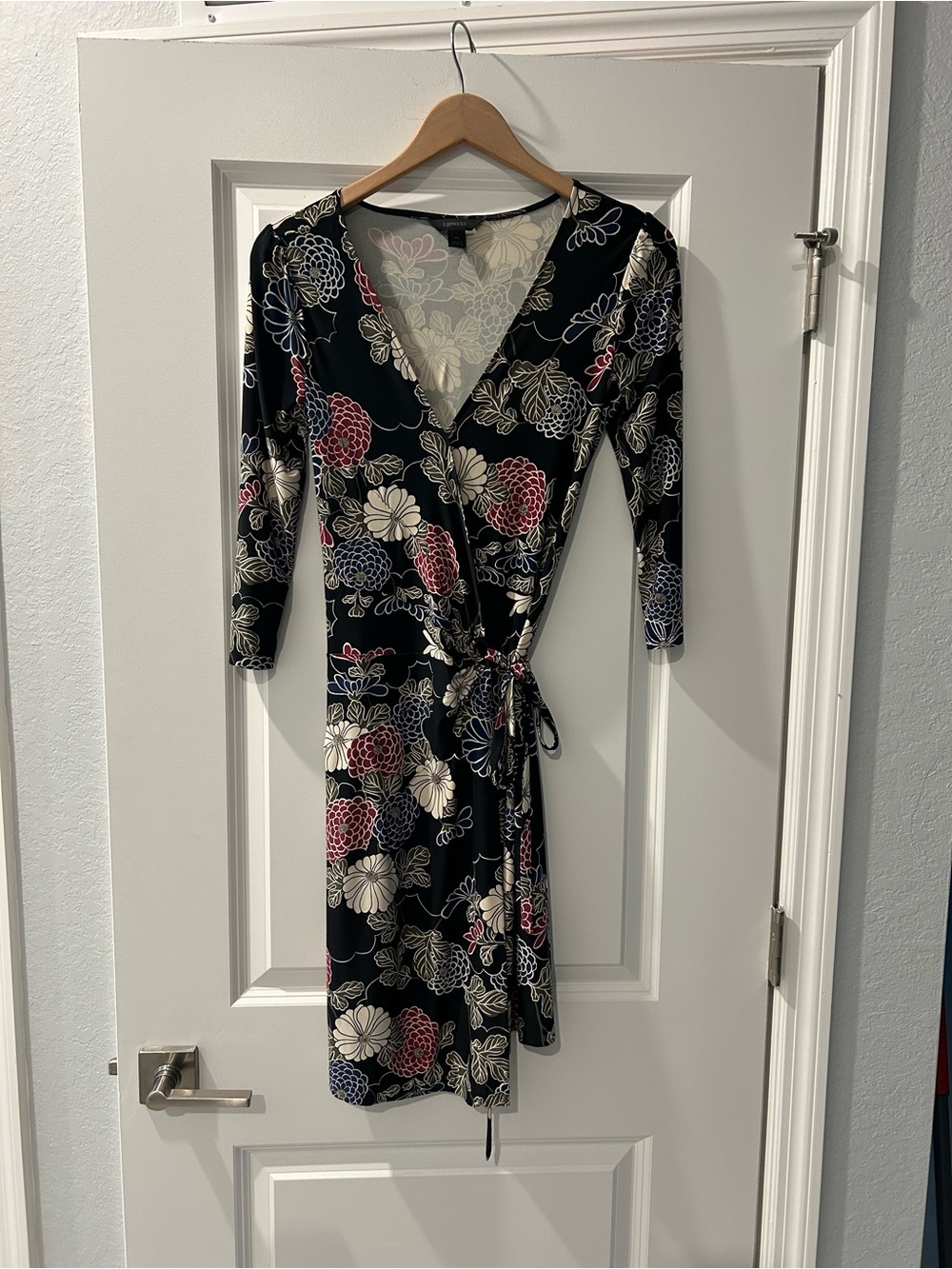 Express Black Floral Wrap Dress with Pink, Blue & Cream Flowers